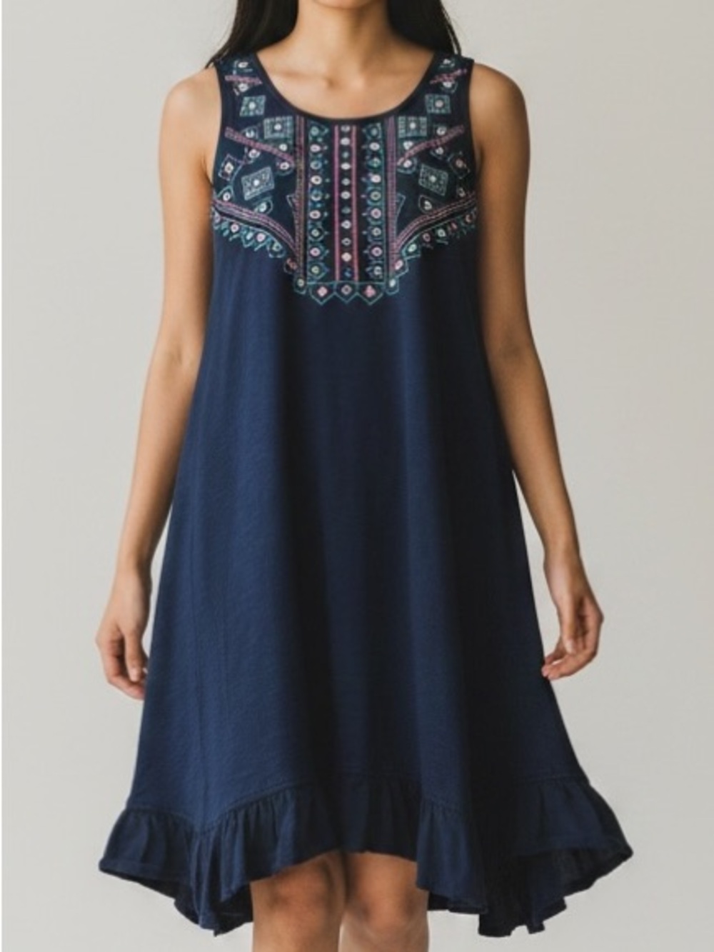 Cotton 70’s Boho embroidery mirrors navy blue sleeveless tank sun dress ruffles